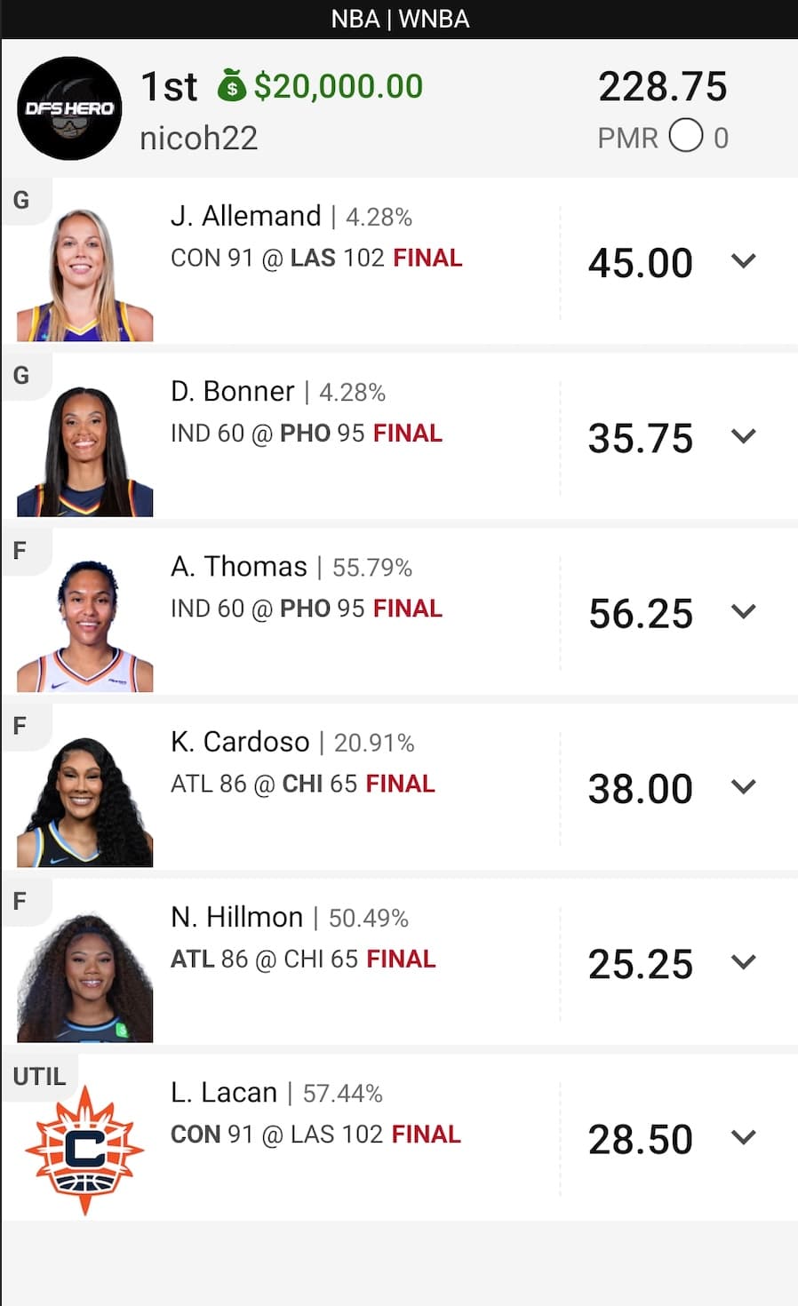 DFS Hero winning lineup result