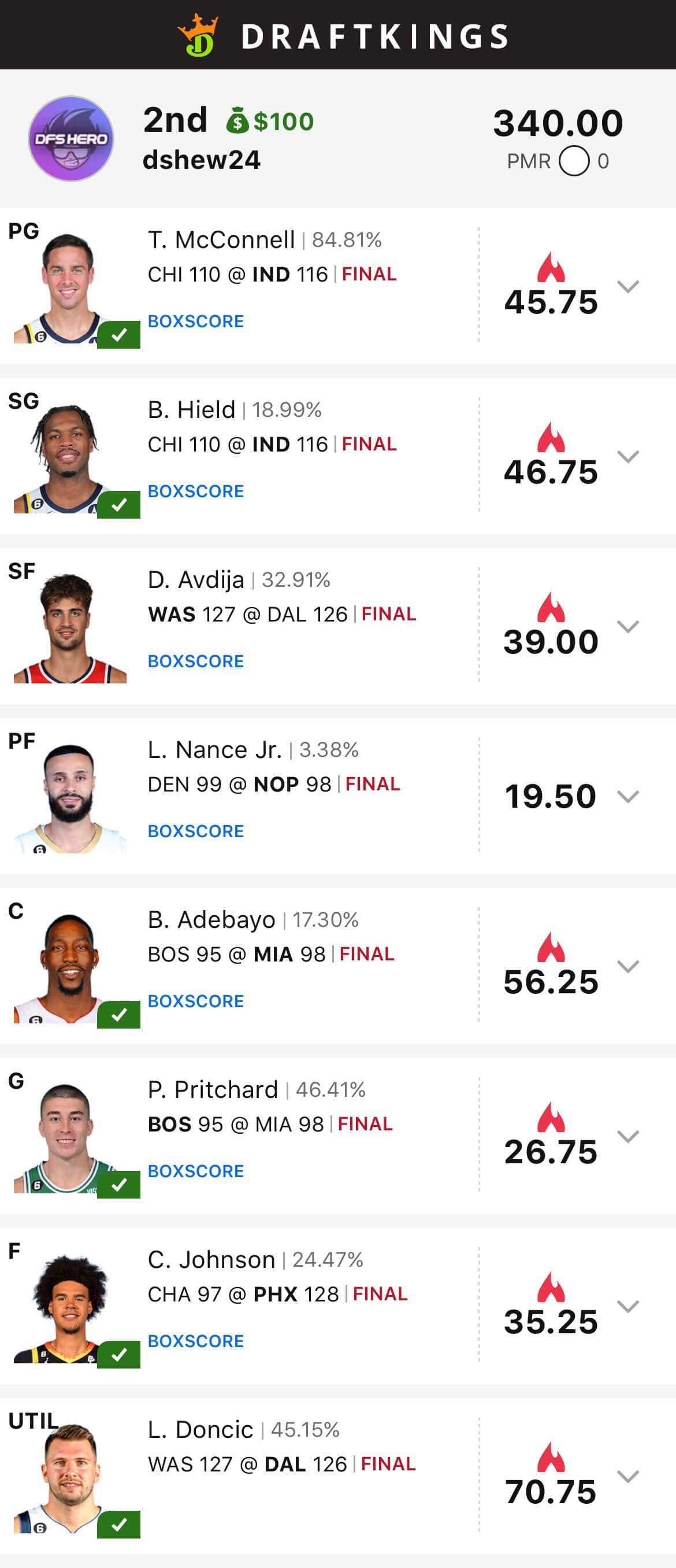 DFS Hero winning lineup result